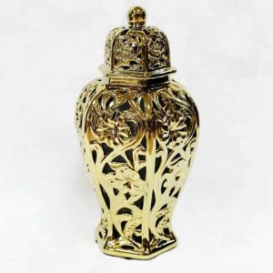 RZKA171025     Gold style hollowed out floral ceramic jar
