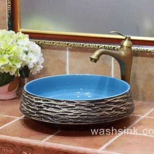 TPAA-054       blue sky color inside  carved grey mountains design pottery sink bowl