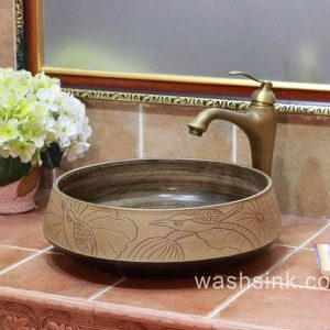 TPAA-055     Bird lotus pattern hand carving round ceramic kitchen vessel sink