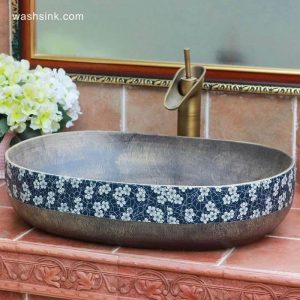 TPAA-113     Grey metal imitation blue and white floral rim oval bathroom bowl sinks 