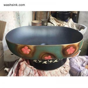 TPAA-116  Matte black inside red floral pattern ceramic lavatory sink 