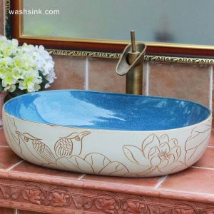 TPAA-121        Jingxi Jingdezhen hand carving lotus bird art pottery lavatory bowl