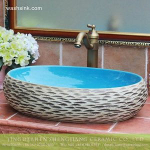 TPAA-155    Carved style ocean blue glaze inside Jingdezhen hot sale long ceramic  trough sink vanity 