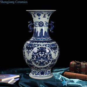 RZLG05      Double fishes pattern hand craft blue and white collectible porcelain vase with ears