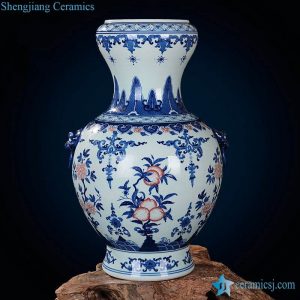 RZLG15     Under glaze red peach pattern blue and white plump shape enamel vase