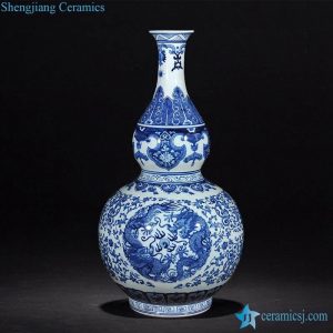 RZLG16      Blue and white hand paint double dragon pattern JDZ factory direct sale calabash ceramic flower vase