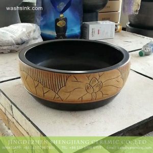 TPAA-217      Jingdezhen made China style hand carved lotus pattern black wall mounted porcelain washbasin