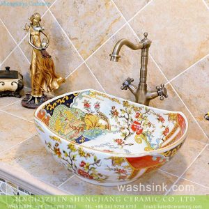 TXT19A-3        Jingdezhen wholesale price large piece phoenix floral pattern oval counter top porcelain wash basin
