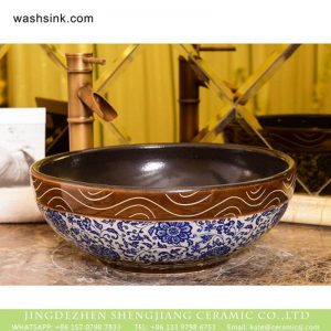 XHTC-X-1072-1 New produced Jingdezhen Jiangxi art ceramic blue and white with brown color pattern smooth sink