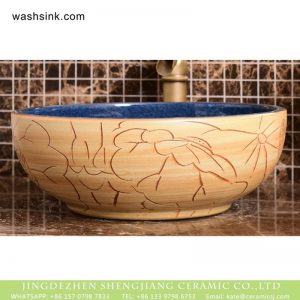 XHTC-X-1094-1  Shengjiang factory deep blue wall and wood color with carved special pattern surface sink