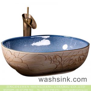 XXDD-03-2     Jingdezhen factiry direct art ceramic hand carved pattern on the wood surface wash hand basin