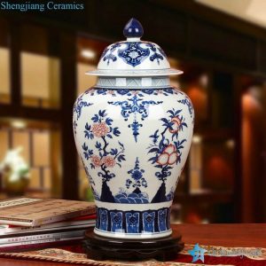 RZLG19-5     Famous porcelain city Jingdezhen local produced blue and white jar with red floral and peach pattern