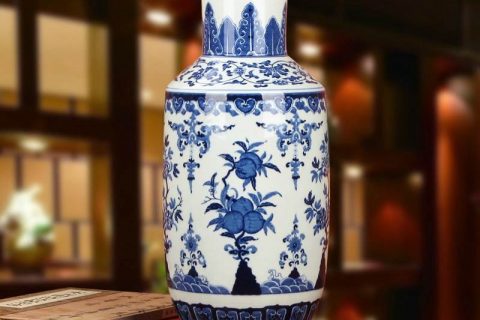 RZLG28    blue and white hand painted peach pattern elephant feet style chinaware flower vase