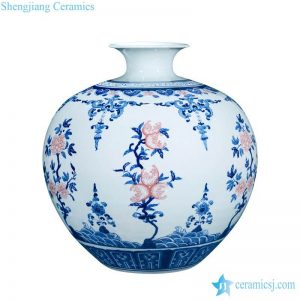 RZLG34     Round rich belly under glaze red peach with blue and white pattern ceramic artistic vase