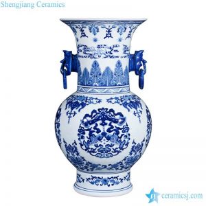 RZLG35     Asian design phoenix tail top blue and white double fishes pattern ring handle ceramic luxury vase