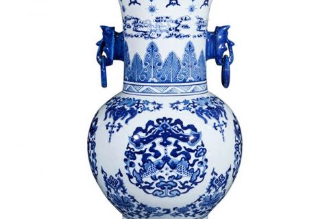RZLG35     Asian design phoenix tail top blue and white double fishes pattern ring handle ceramic luxury vase