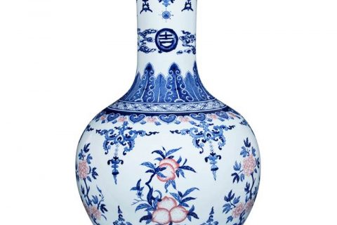 RZLG36      Globular shape blue and white design with copper red peach pattern porcelain home decor vase