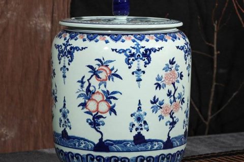 RZLG39      Large capability hand draft blue and white peach style storage ceramic jar