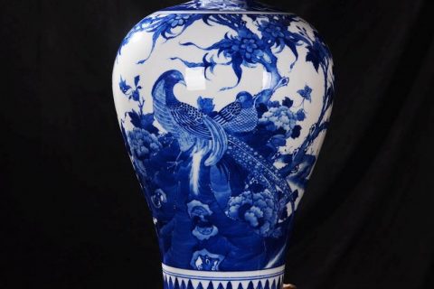 RZLH03     Ancient China style elegant blue and white couple pheasant pattern Meiping porcelain floral vase