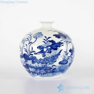 RYCI46-A       Round ball shape relief lotus pattern cobalt blue porcelain vase for furniture