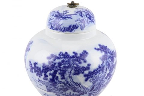 RYCI51-a  Blue and white China brush painting Landscape Pattern  porcelain jar with metal ring
