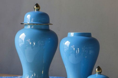 RYKB132-G-A       cerulean color gold line set of two home decor ceramic jar
