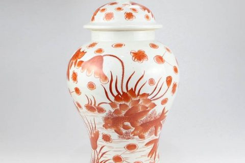 RZIS03    Red fish pond pattern hand drawing ceramic home decor jar