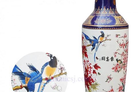 BV003 Vintage hand drawing Flower  and  bird  floor ceramic standing vase large for office decor