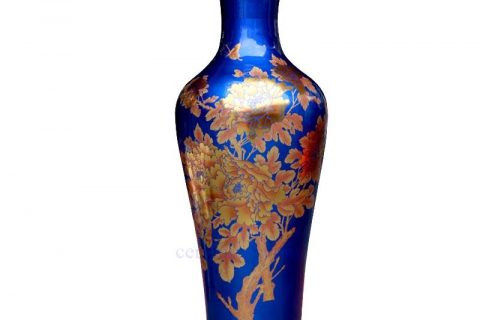 BV-68 Blue and gold  artificial flowers glossy tall ceramic vase  for centerpieces decoration