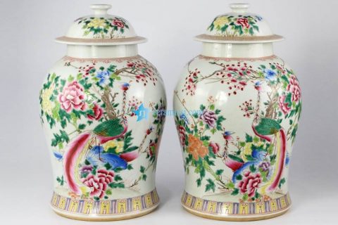RZLR01      Famille rose colored phoenix floral pair of porcelain jar