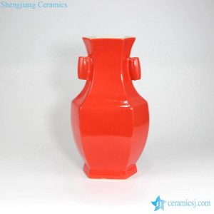 RYUU25    Six sides bright red ceramic vase with two ears