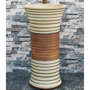 LJ-1005 Hot Sales special shape white and brown color with hand carved lines pedestal basin