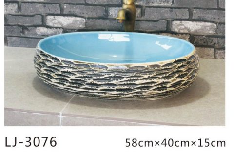 LJ-3076 Sanitary Ware Blue  stripe  Porcelain Bathroom Wash Basin Sink