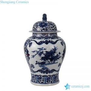 RZFQ25    Deep blue color lion knob hand painted Chinese style home decor bird floral jar