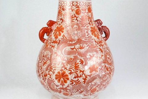 RZIS05    China red pigment hand paint dragon floral large capacity ceramic vase with two dragon handles
