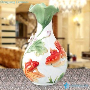 RZMF01   Engraved red fish with lotus pattern enamel paint porcelain flower vase