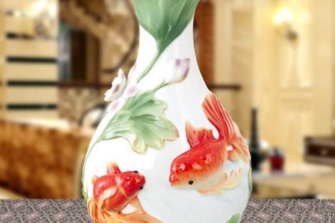 RZMF01   Engraved red fish with lotus pattern enamel paint porcelain flower vase