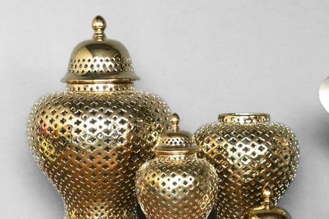 RYZS53-B   Golden color metal design ceramic lattice 3 sizes jars for interior design