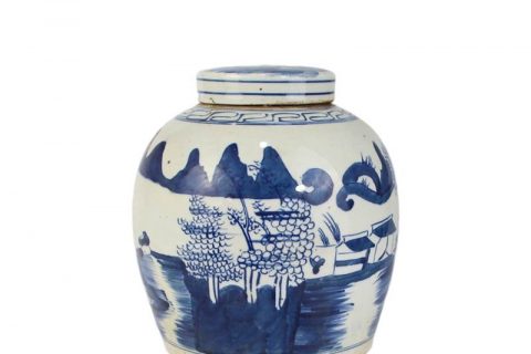 RZFZ01-I Blue and white flat lid forest pattern sundry medium size ceramic jar