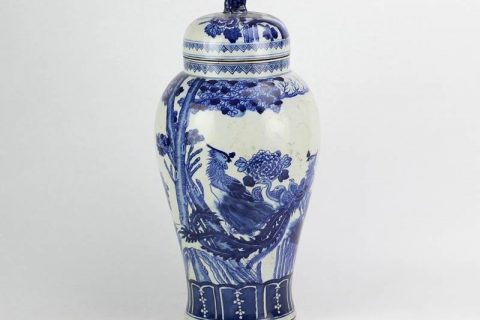 RZHM03    Couple of phoenix pattern hand painted cobalt blue ceramic pot with lion top