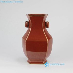 RYPM54    Rust red color six sides ceramic China traditional vase with two ears