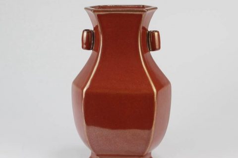 RYPM54    Rust red color six sides ceramic China traditional vase with two ears