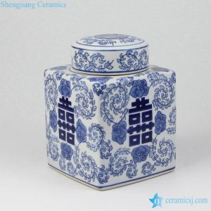 RYPU44    Blue and white box shape double happy ceramic jar