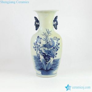 RZMW03-B  Double handles blue and white hand painted pheasant porcelain flower vase