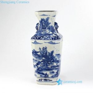 RYUK17-B   Lion head handle China country life pattern hand painted Qing Dynasty porcelain vase