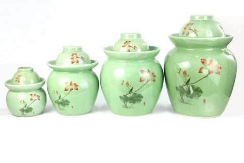 RYXM02    Green color background red lotus pattern pottery pickle jar