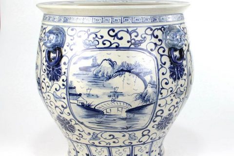 RZFH12   Blue and white hand paint country bridge pattern ceramic fish pond