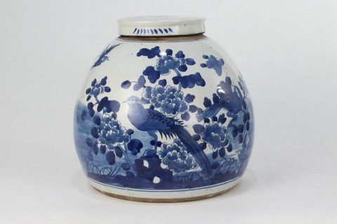 RZFZ07-a old    Antique style dark blue bird floral pattern ceramic jar
