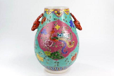 RYZG20   Hand painted green and red famille rose phoenix ceramic flower vase