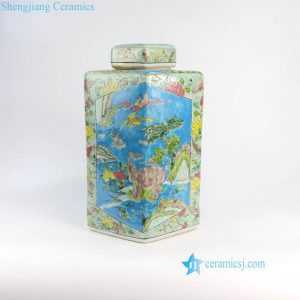 RZFA06-a    Hand paint blue and green famille rose square China royal household porcelain jar with elephant and lion design